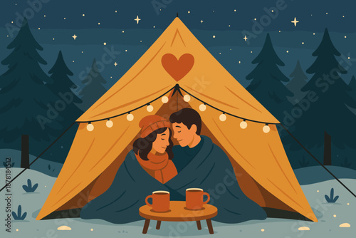 Campfire scene vector romantic couple draped illustration tent over winter snow mugs