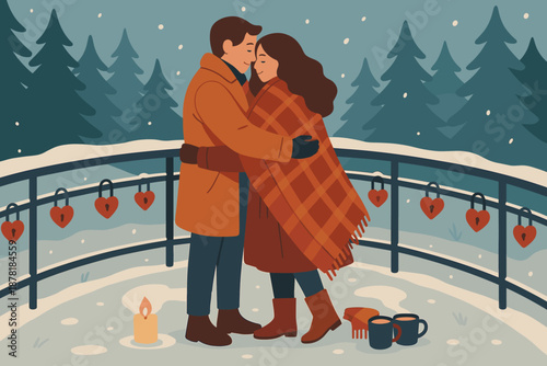 Bridge blankets decorated warm draped surrounding illustration winter romantic couple vector trees