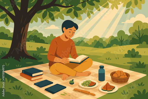 Vector outdoor illustration scene person nature bliss phone environment digital set sitting