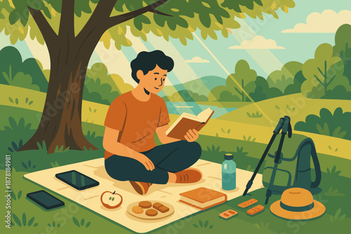 Vector picnic surrounded sitting peaceful snacks aside through illustration digital detox water