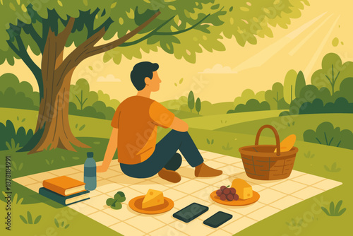 Peaceful surrounded picnic phone set water through illustration outdoor detox vector digital