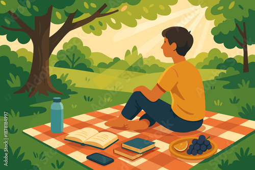 Books sitting phone vector serenity picnic under illustration outdoor leaves sunlight scene