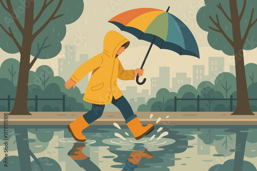 Vector trees scene background raincoat day outfit illustration puddles rainy buildings cozy