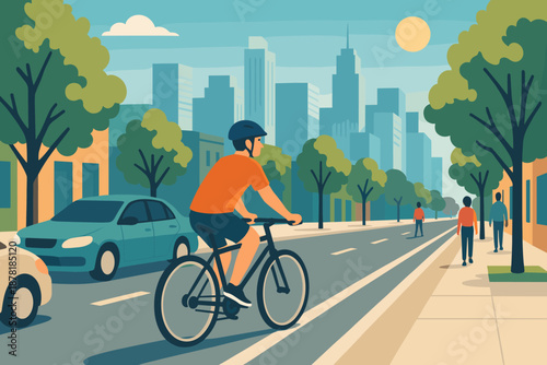 Cycling parked trees along riding pedestrians lane cars urban vector environment scene