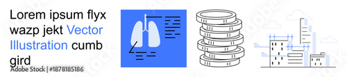 Healthcare, economy, urban development, diagnostics, currency concepts, city planning. Blue lung diagram, coin stack urban skyline line art. Healthcare and economy focus on diagnostics and currency