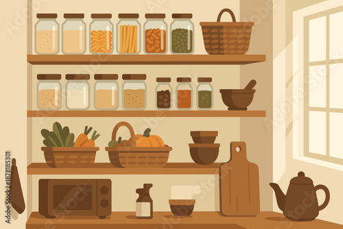 Small vector grains wicker organized bliss shelves labeled pantry illustration bright kitchen
