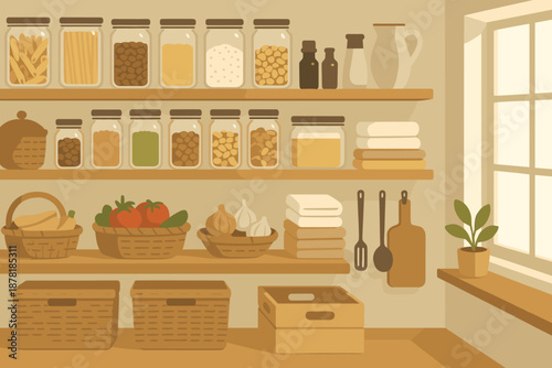 Shelves pantry bliss folded organized beans kitchen vector towels small illustration illuminating