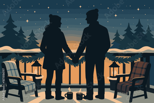 Illustration their above winter hands couple black trees romantic vector silhouette