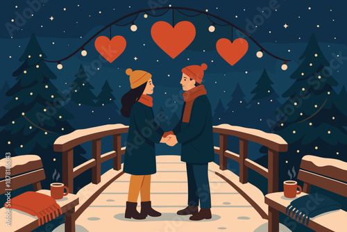Winter night bridge scene vector blankets illustration romantic lights mugs above