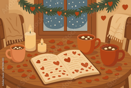 Hearts nearby winter open mugs romance vector table softly wooden cozy scene