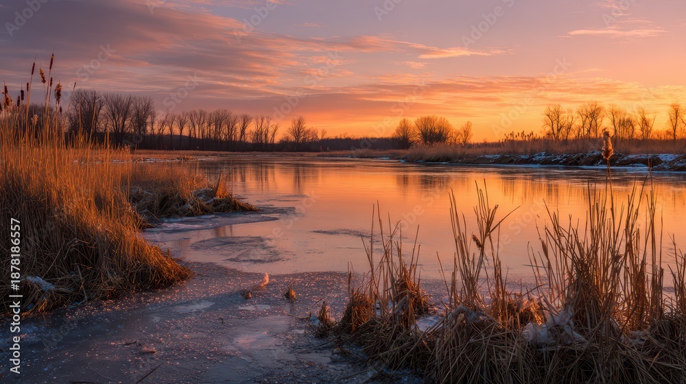 Fototapeta premium Golden hour light on thawing wetlands in Liberty Loop, New Jersey