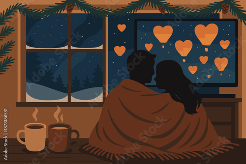 Watching starry winter cocoa vector illustration night scene movie cozy window nearby