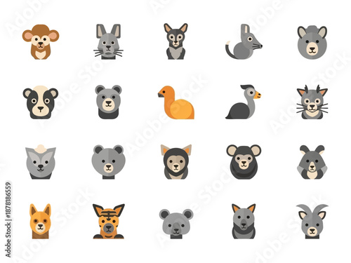 Diverse flat design animal face icons set cartoon vector illustrations.