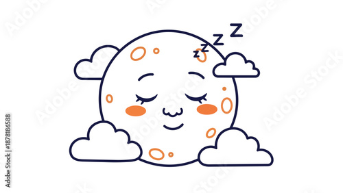 Cute Sleeping Moon with Clouds Cartoon Illustration.