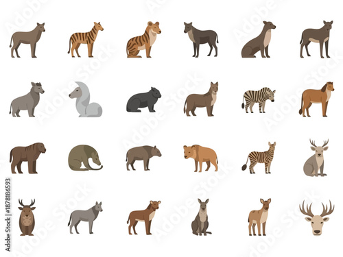 Diverse Flat Design Animal Illustrations Set Including Mammals Like Zebras Deer and Wolves.