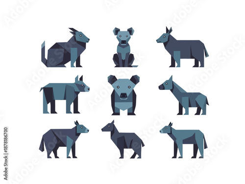 Abstract Geometric Blue and Grey Animal Icons and Illustrations Set.