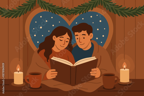 Cozy love large snow them sitting storybook winter pine illustration vector outside