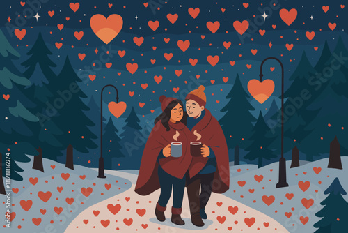 Hearts lanterns vector simple hands winter them illustration starry through blankets park