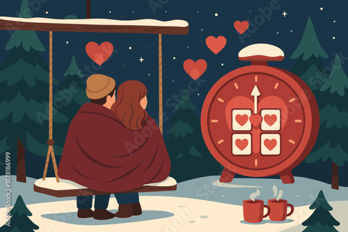 Sitting valentine vector illustration starry blankets clock s winter countdown couple pine
