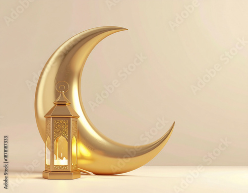 Ramadan Eid greeting card. Crescent moon and lantern. Blank space for greeting message