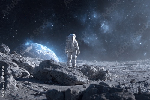 Digital art of a suited explorer on a gray rocky Moon-like terrain with Earth visible in the distance