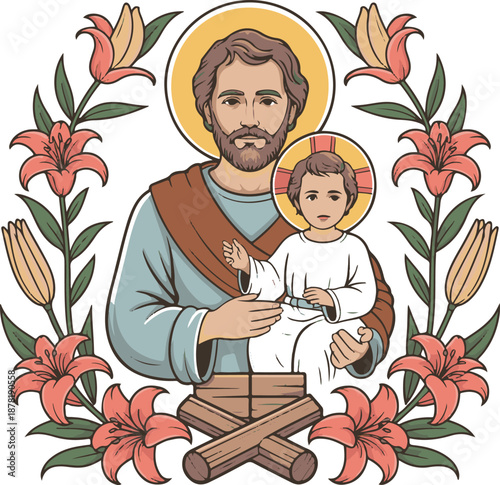 Saint Joseph Holding Baby Jesus Illustration with Floral Lilies and cross Symbols