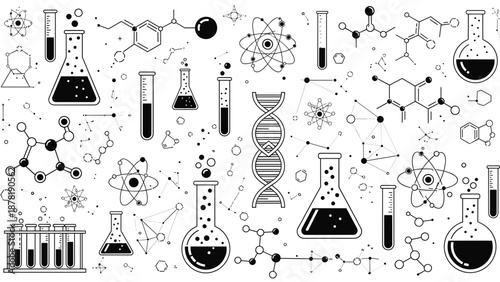 Black and white chemistry laboratory equipment illustrations