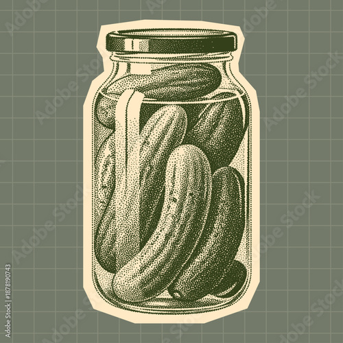 glass jar filled with dill pickles, homemade preservation illustration in retro halftone style