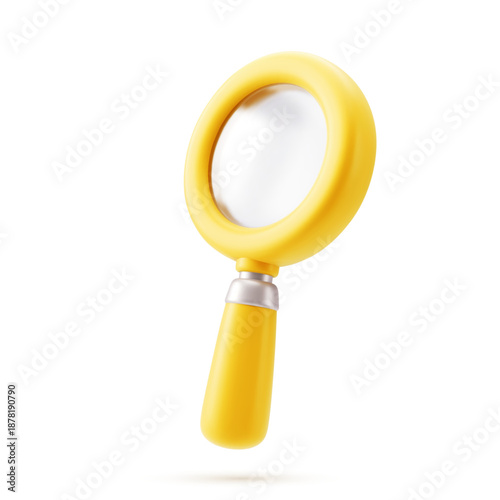 Yellow magnifier, magnifying glass with handle. Discovery, research, search, analysis concept. 3d vector icon. 