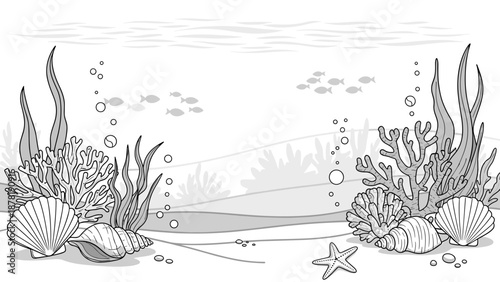 Underwater scene with seaweed and shells on the ocean floor