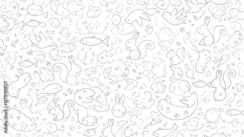 Black and white doodle line art with various shapes and objects