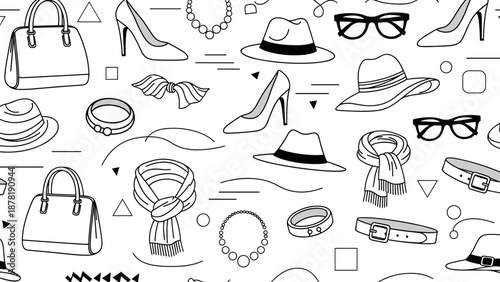 Fashion accessories illustration with hats, shoes, jewelry and handbags