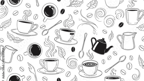 Black and white coffee cup illustrations with tea and coffee accessories