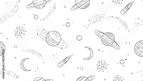 Black and white illustration of planets and celestial objects