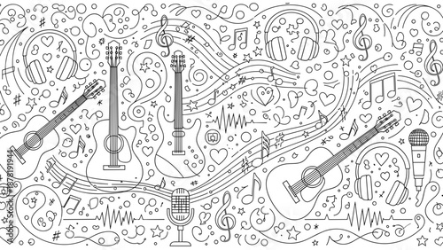 A black and white illustration of musical instruments and notes in a doodle style
