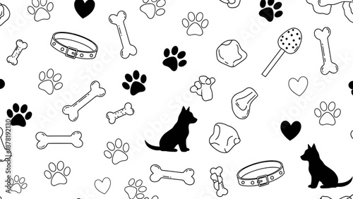 Black and white dog themed icons and paw prints
