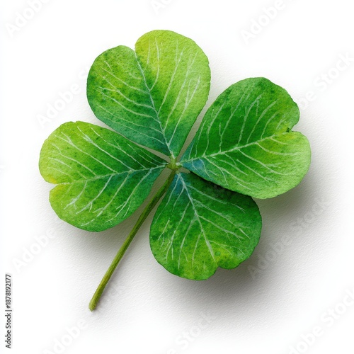 Green shamrock watercolor with four leaves on a clean white canvas