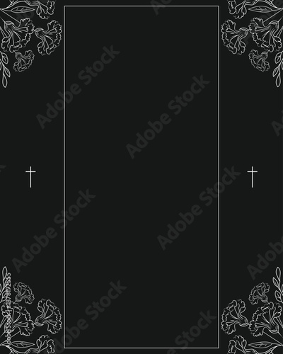 Funeral card with big photo frame and carnations. Black background.