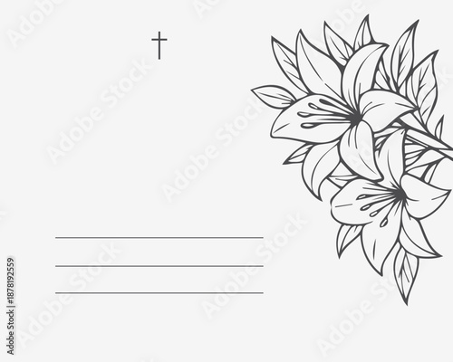 Funeral card with text space and lilies. White background.