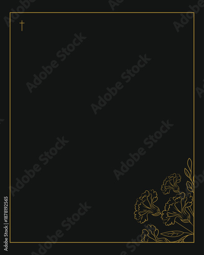 Funeral card with text and photo space and carnations. Black background and golden frame. 