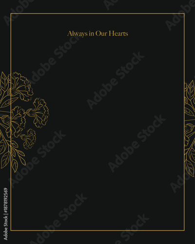 Funeral card with carnation flowers and black background. 