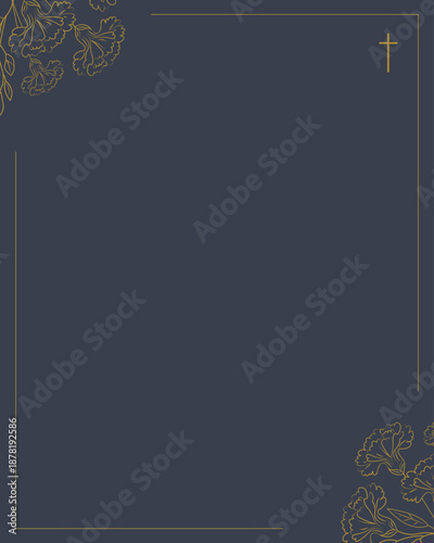Funeral card with big photo space and carnations. Dark grey background and golden frame.