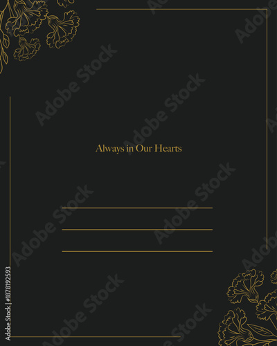 Funeral card with text space and carnations. Black background and golden frame. 