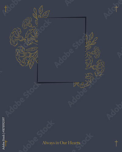 Funeral card with carnations and text space. Dark grey background with photo frame