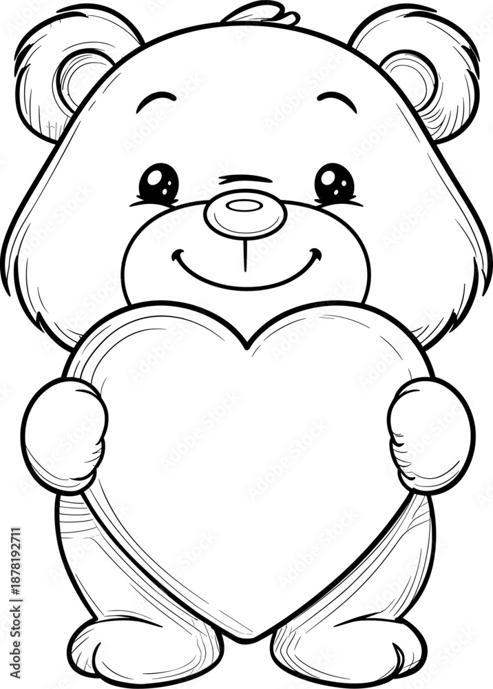 Obraz premium Smiling teddy bear character holding a large heart outline for coloring. Vector illustration.