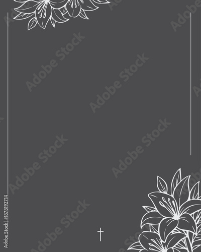 Funeral card. background with place for your text and lilies. Church cross. 