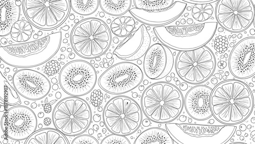 Black and white illustration of various citrus fruits and slices