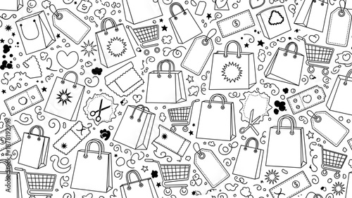 Black and white illustration of various shopping icons and symbols