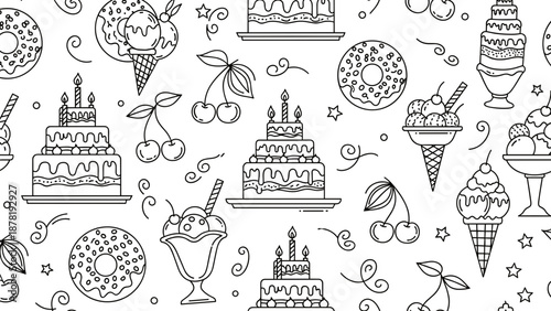 Black and white illustration of various sweet treats