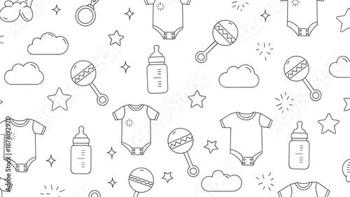 Baby shower illustrations with onesies, bottles, and toys